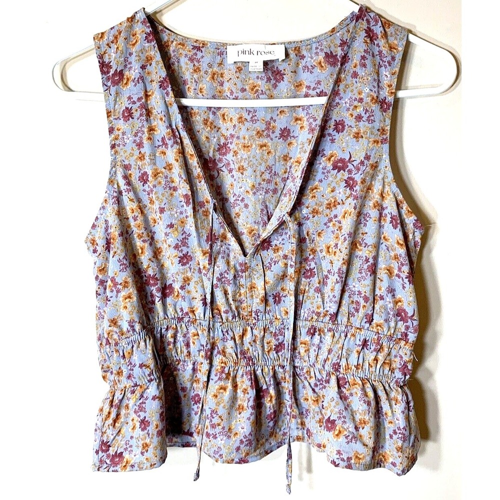Pink Rose Top Womens Juniors Medium Chiffon Sleeveless Floral Boho Cottagecore